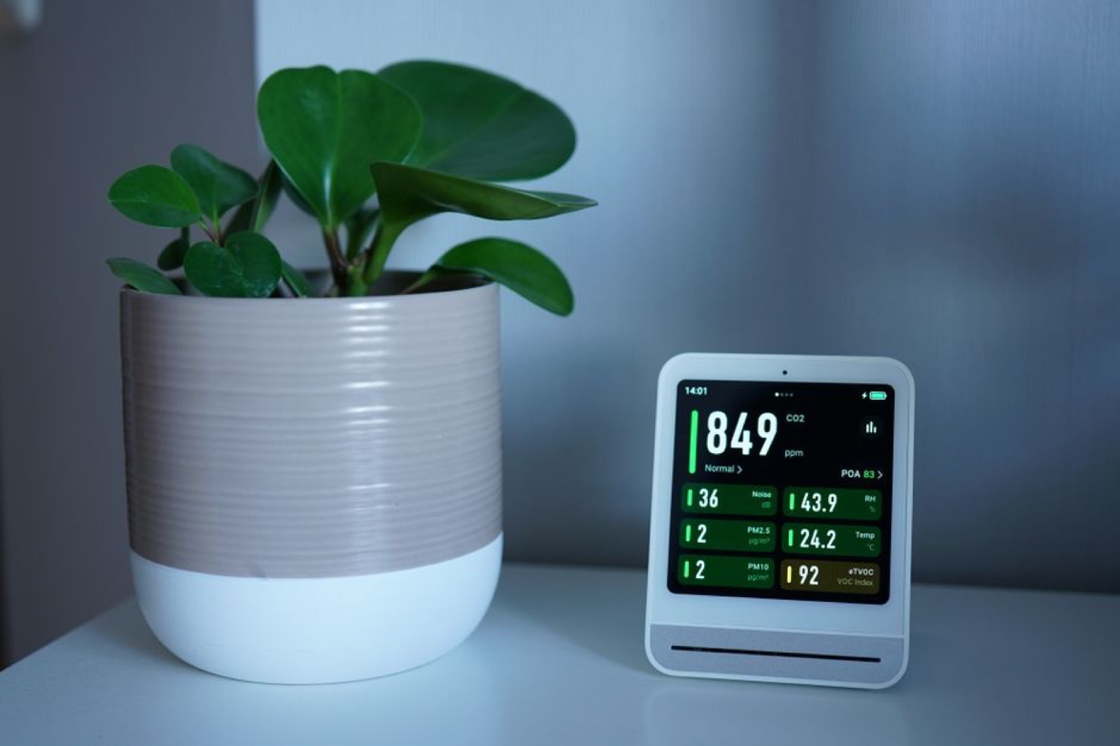 Air quality monitor on a desk showing PM2.5 and CO2 levels beside a houseplant