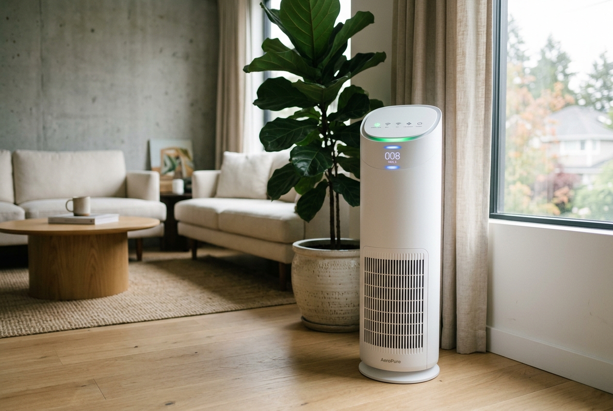 Modern white tower air purifier in a bright minimalist living room, clean air indicator glowing green, helping reduce pollen and allergens indoors