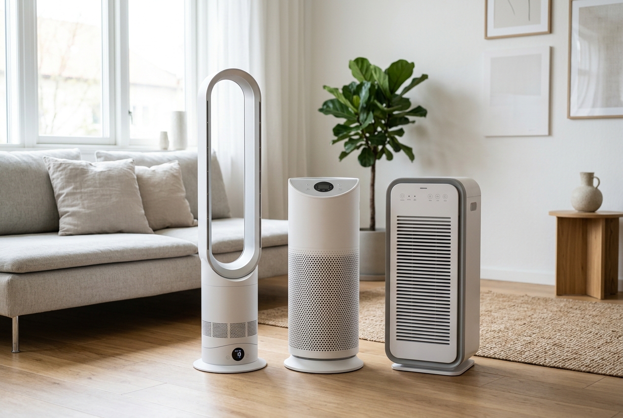 Three different modern air purifier towers side by side in a bright living room - Dyson vs Levoit vs Coway comparison 2026