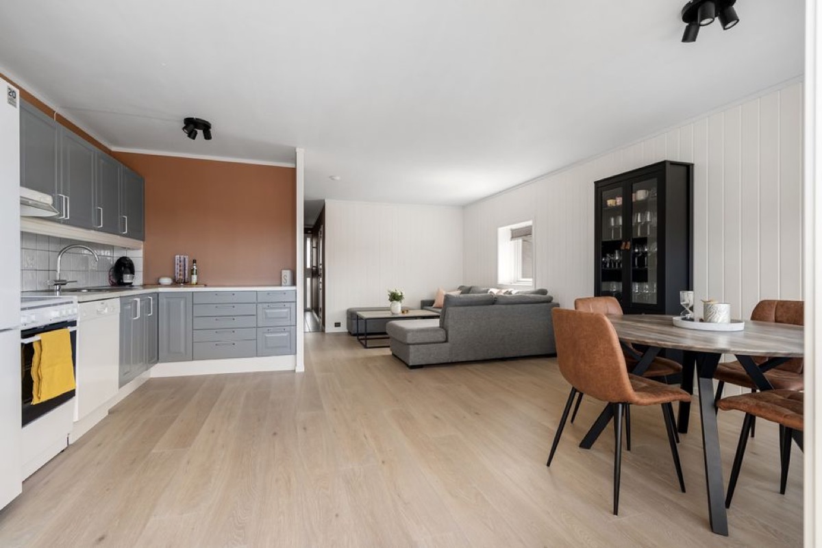 Scandinavian-style living room with open plan kitchen - the type of space smart air purifier scheduling and remote monitoring serves well