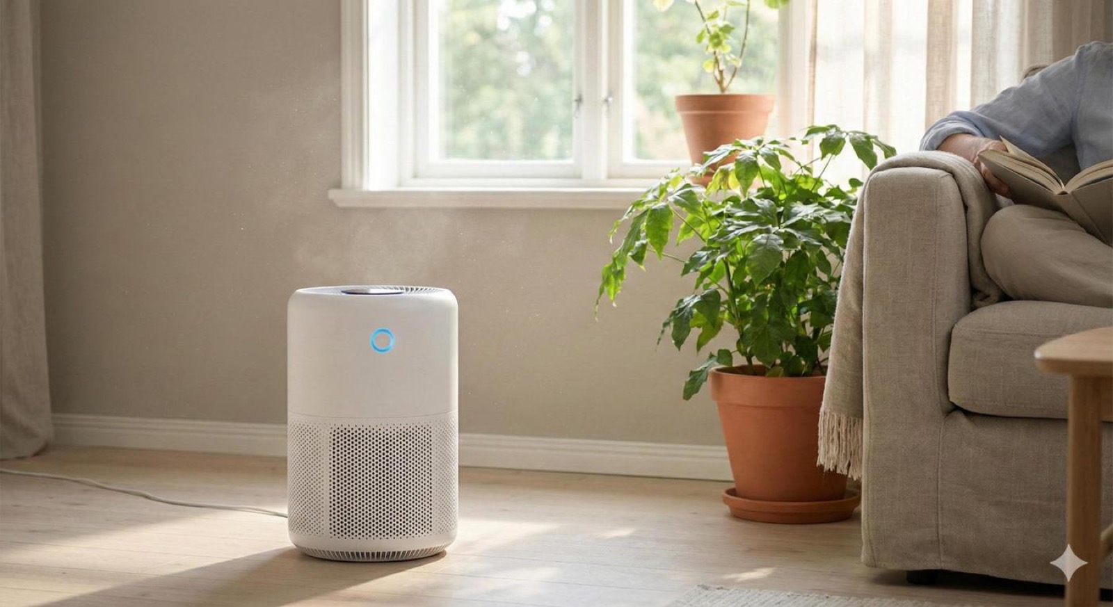 Modern white air purifier operating in a bright home living space