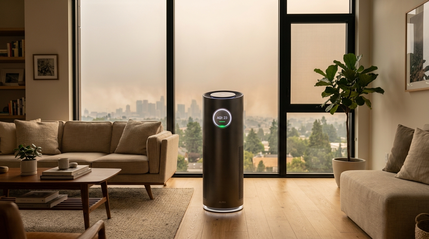 Jaspr Air Scrubber running in a modern living room during a hazy wildfire-smoke day