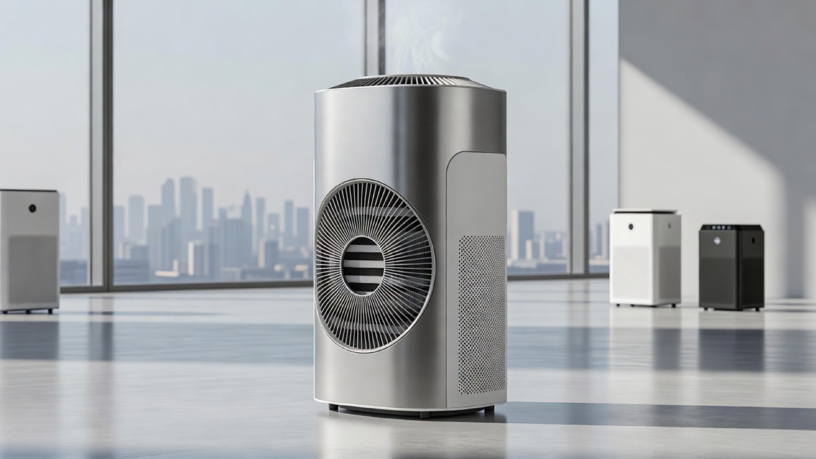 Modern white air purifier running in a bright home, representing ongoing filter maintenance costs