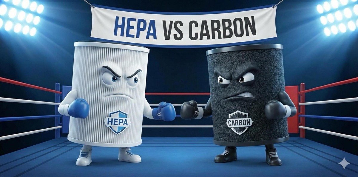 Illustration comparing HEPA particle filtration and activated carbon gas filtration layers